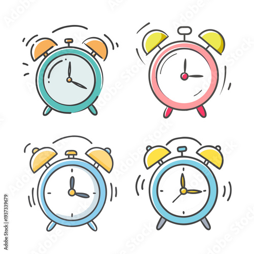 Four colorful vintage alarm clocks ringing with bells and vibrating