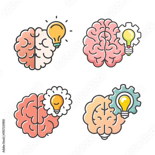 Hand-drawn icons of brains with lightbulbs and gears, symbolizing ideas and innovation.