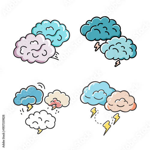 Four hand-drawn brain and cloud icons symbolizing brainstorming and ideas