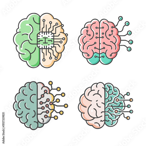 Four hand-drawn icons of brains with circuits representing artificial intelligence