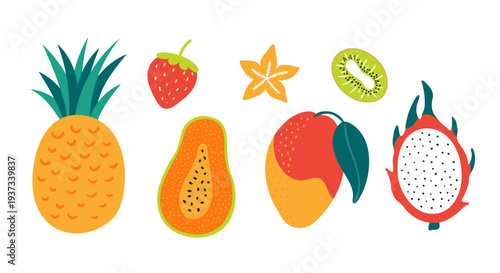 Tropical fruit illustration isolated set. Seasonal fruit, food, summer holidays, vacations, resort, healthy snack. Flat design element, clip art collection, hand drawn vector