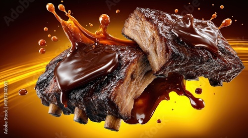 Mouthwatering BBQ Ribs with Splashing Savory Sauce Dynamic Food Art