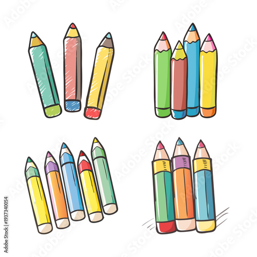 Group of colorful pencils in various arrangements for drawing and art