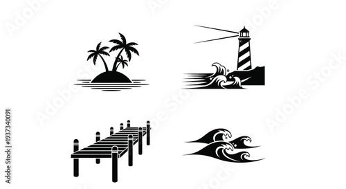 Black and White Vector Coastal Sea Icons Set
