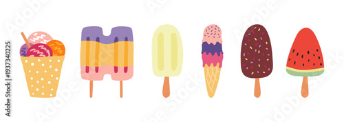 Ice cream, gelato, frozen yogurt illustration isolated set. Seasonal food, treat, dessert, summer holidays, vacations, tropical resort. Flat design element, clip art collection, hand drawn vector