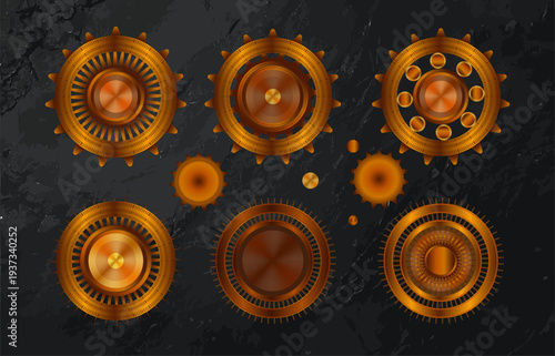 Collection of detailed golden steampunk gears and cogwheels arranged on dark marble texture background, symbolizing engineering, industry, technology mechanism design.