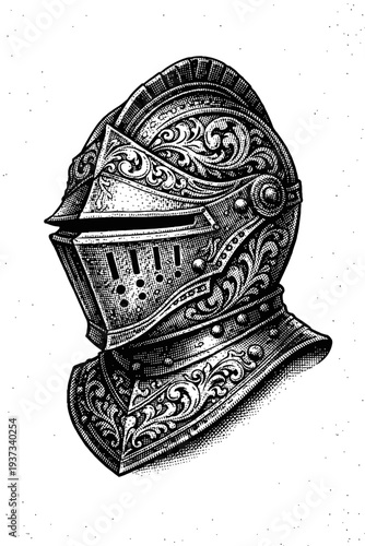 Discover this exquisitely detailed medieval knight's helmet, rendered in a classic black and white engraving style. Featuring intricate scrollwork, a formidable visor with precise breathing holes, and