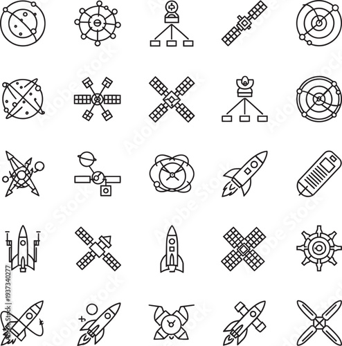 Space Technology Line Icons Set, Satellite, Rocket, Astronomy, Orbital System, Space Exploration, Astronomy Science Outline Vector Icons Collection