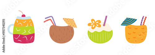 Tropical cocktail, juice illustration isolated set. Seasonal drink, summer holidays, vacations, tropical resort, beach, pool party. Flat design element, clip art collection, hand drawn vector