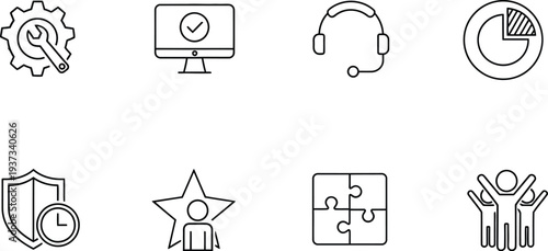 Eight icons representing business and support concepts
