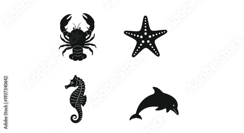 Sea Creatures Black Silhouettes Isolated on White Background Vector Icons