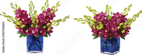 Purple orchid floral arrangements in blue glass vases with yellow‑green buds and green leaves, symmetrical decorative design showcasing elegance, beauty, and vibrant flowers for home decor.
