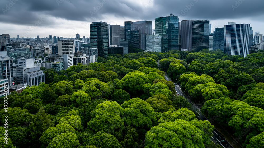 Fototapeta premium Lush green cityscape surrounded by trees emphasizing sustainable urban planning and nature conservation for future generations, with copy space