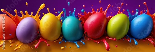 Vibrant Colorful Easter Eggs with Dynamic Paint Splashes Background