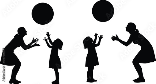 Silhouettes of adults and children playing with a ball, interactive vector illustration representing family bonding, teaching, play, and joyful parent‑child activity design.