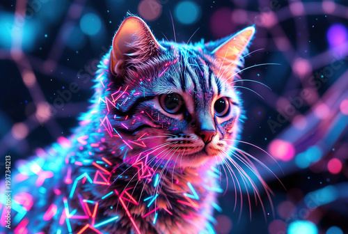 Artistic portrait of a fluffy cat with vibrant neon light patterns on its fur. Perfect for futuristic art, pet photography, and digital design themes.
