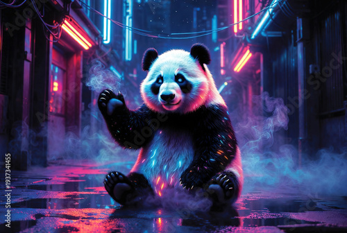 Giant panda sitting in a dark futuristic alley with glowing neon signs. Creative concept for wildlife conservation and urban art.