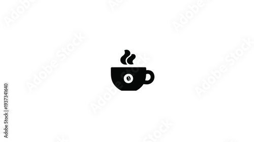 A simple, black coffee cup icon, featuring steam rising, a coffee bean, set against a white background