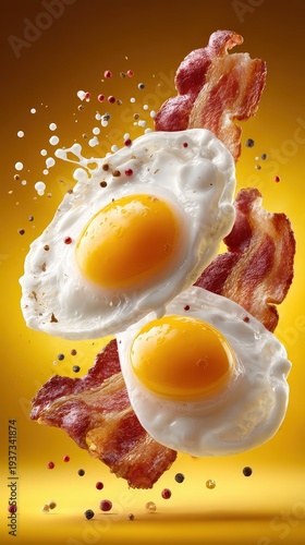 Gourmet Levitating Breakfast with Fried Eggs and Crispy Bacon