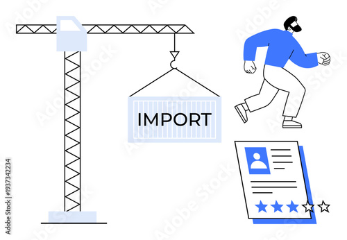 Crane hoisting import container, worker in motion, professional resume with ratings. Ideal for trade, logistics, employment, recruitment, career growth teamwork global commerce. Simple flat