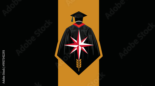 Illustration of a graduate in black gown with cap and star emblem on back, on gold backdrop