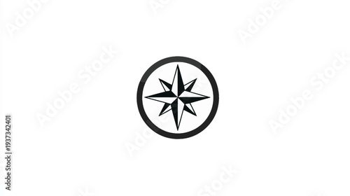 A monochrome illustration of a compass rose emblem enclosed within a circular frame on a white background