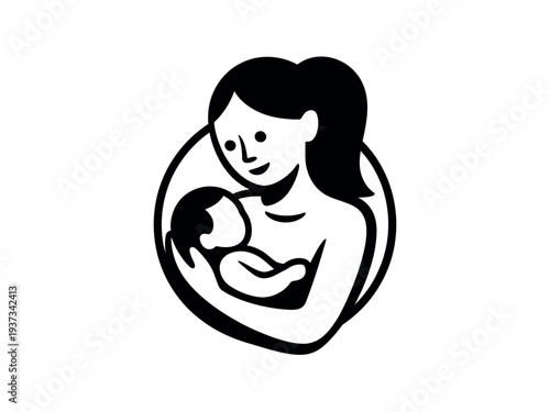 Mother and baby in loving embrace, breastfeeding illustration in black and white