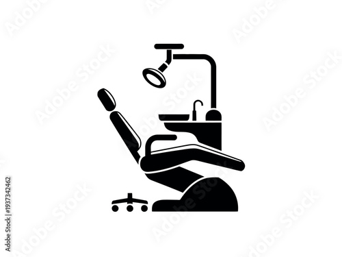 Dental Chair with Lamp and Footstool in Black Silhouette on White Background