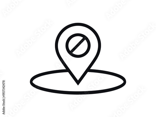 Black and white location pin icon with a prohibition symbol inside