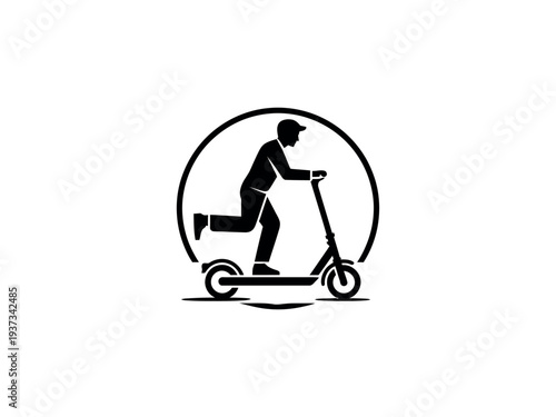 Black silhouette of man riding electric scooter in circular frame on white background