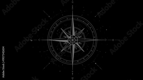 A grayscale compass rose, set against a black backdrop, shows detailed navigational features