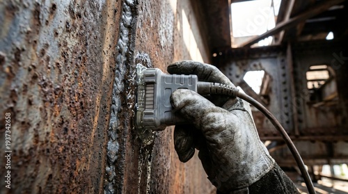 Ultrasonic non destructive testing probe applied to vertical industrial steel weld seam