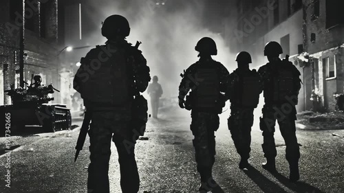 Soldiers in Tactical Gear and Military Silhouettes in Night Operation with Smoke Effect and Strategic Planning in Urban Environment