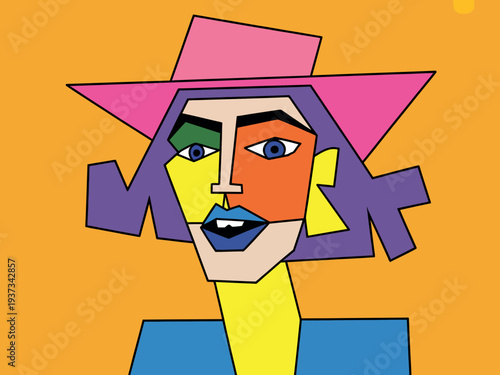 Colorful Cubist Portrait of Woman Wearing Pink Hat and Blue Top on Yellow Background