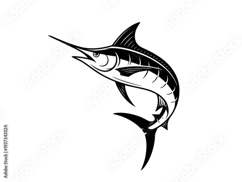 Black and White Marlin Fish Illustration Jumping Out of Water with Fins and Tail