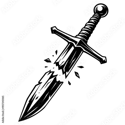 Broken sword with shattered blade, medieval style, black and white illustration, symbolizing conflict, battle, and strength, with a crossguard and pommel
