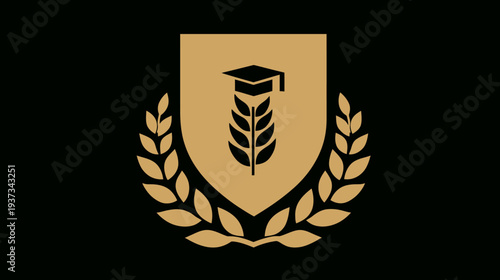 A gold and black emblem depicts a crest with a graduation cap over wheat, framed by laurel