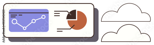 Data analysis, cloud storage, technology services, business intelligence, digital trends, innovation. Graph chart and pie chart next to cloud icons. Data analysis and cloud storage theme