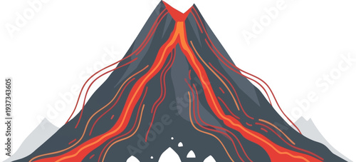 Volcano Eruption with Flowing Lava Vector Illustration