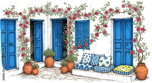 Greek Island House with Blue Doors, Windows, and Red Roses Vector Illustration