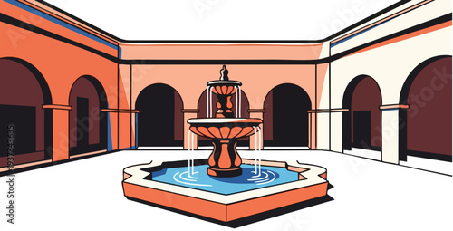 Spanish Colonial Courtyard with Fountain Vector Illustration