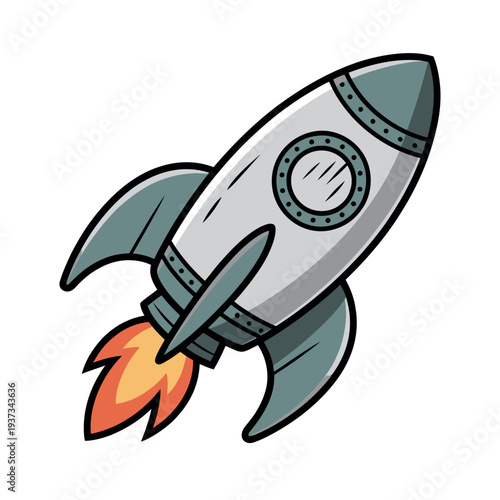 Retro style silver rocket ship blasts off upward with orange engine flames trailing.