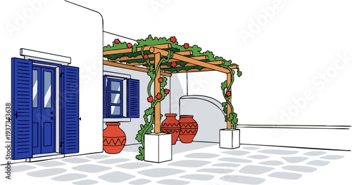 Greek Island House with Blue Shutters and Pergola Vector Illustration