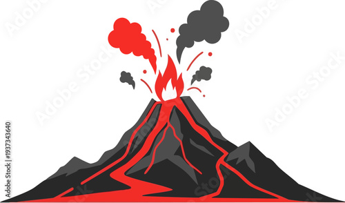 Volcano Eruption Vector Illustration with Red Lava and Dark Smoke