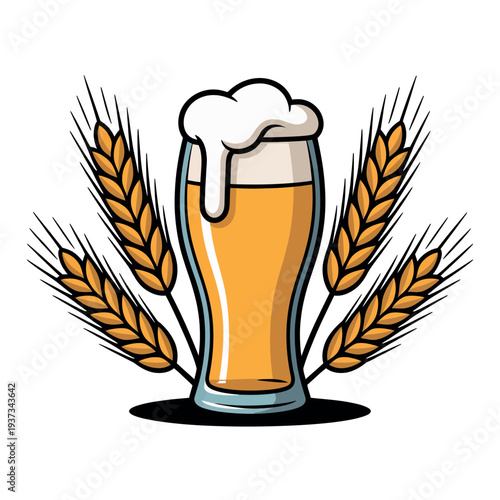 Glass of foamy golden beer is framed by detailed barley stalks indicating brewing.