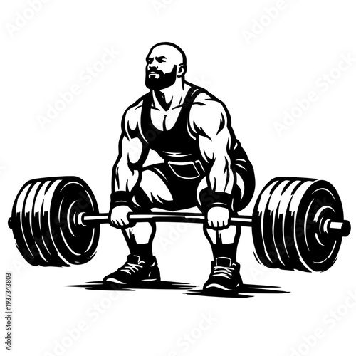 Muscular man lifting heavy barbell with weights, exercising and training for strength and fitness, weightlifting and bodybuilding illustration