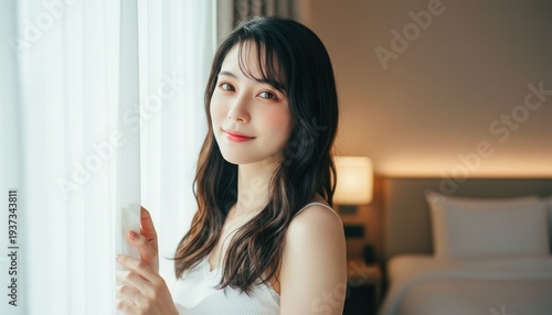 窓際でカーテンを開けて振り返るキャミソール姿の女性