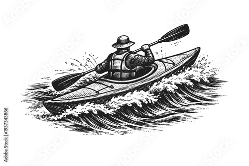 Dynamic vintage woodcut illustration of a solo kayaker navigating turbulent waters, vigorously paddling through ocean waves, showcasing the thrilling spirit of adventure and water sports in a classic