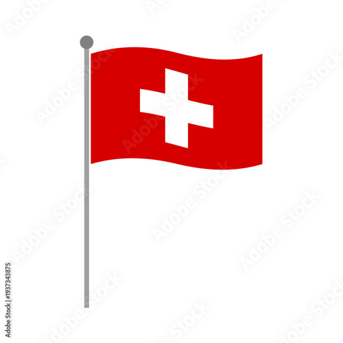 Switzerland national flag waving on flagpole vector illustration with red field and centered white cross representing Swiss identity