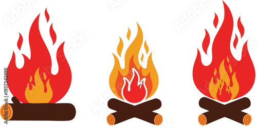 Set of 3 Campfire Icons Vector with Red and Orange Flames